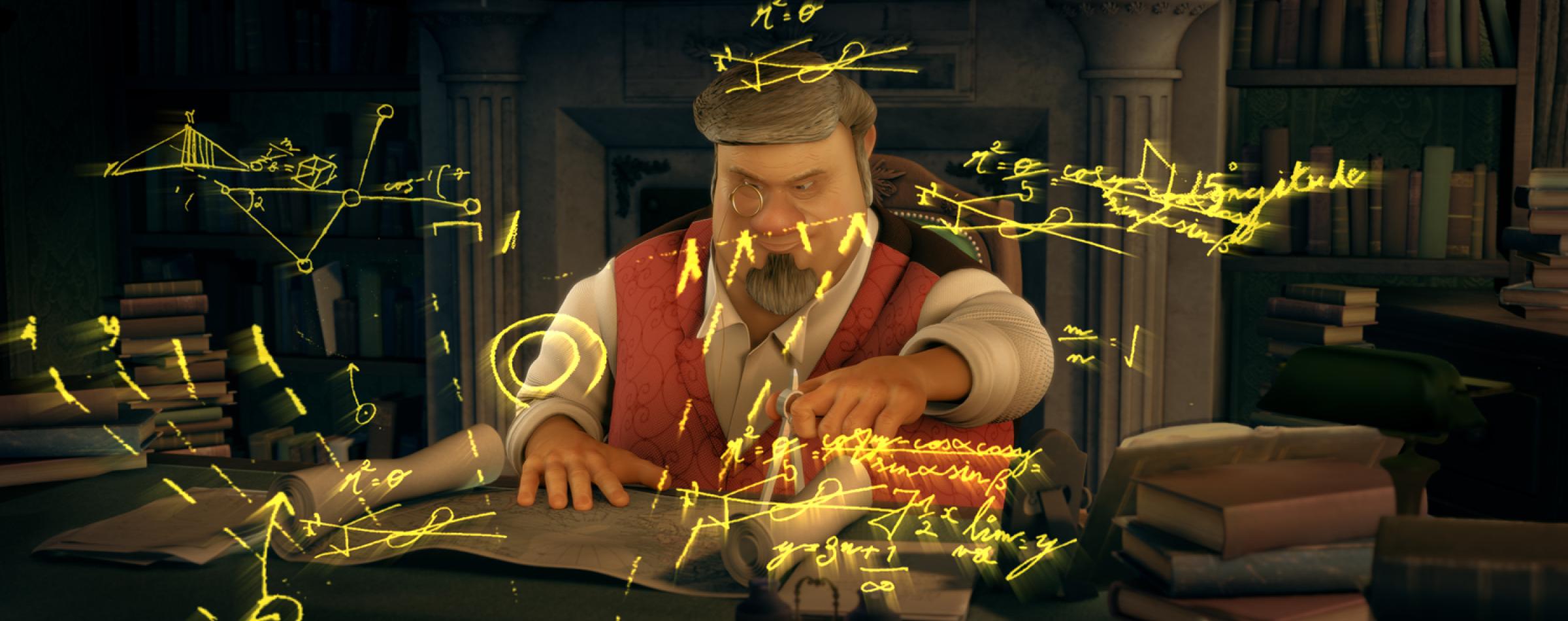 A still from the animated short film 23 Degrees 5 Minutes showing Professor Orit making some mathematical calculations