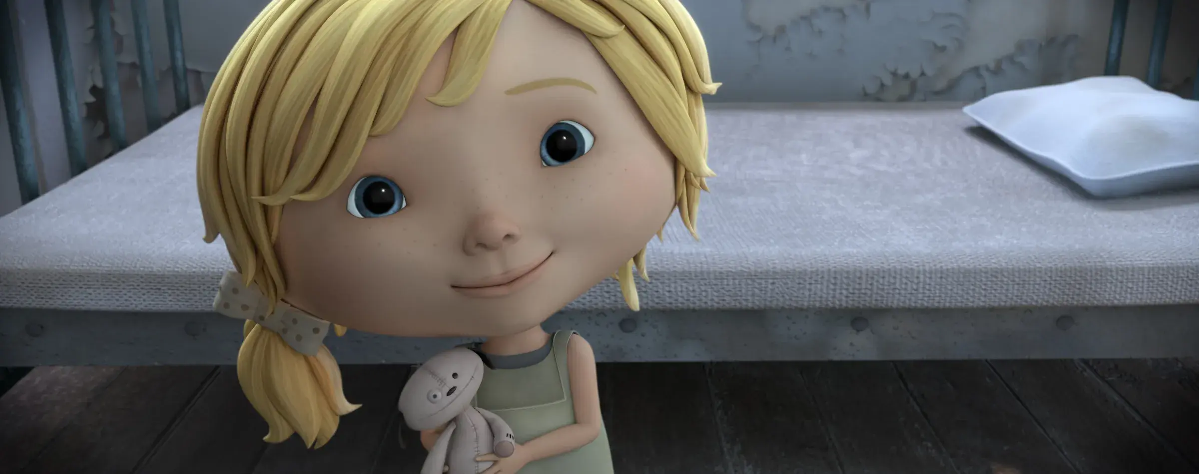A still from animated short film Anya, showing a small girl holding a teddy bear