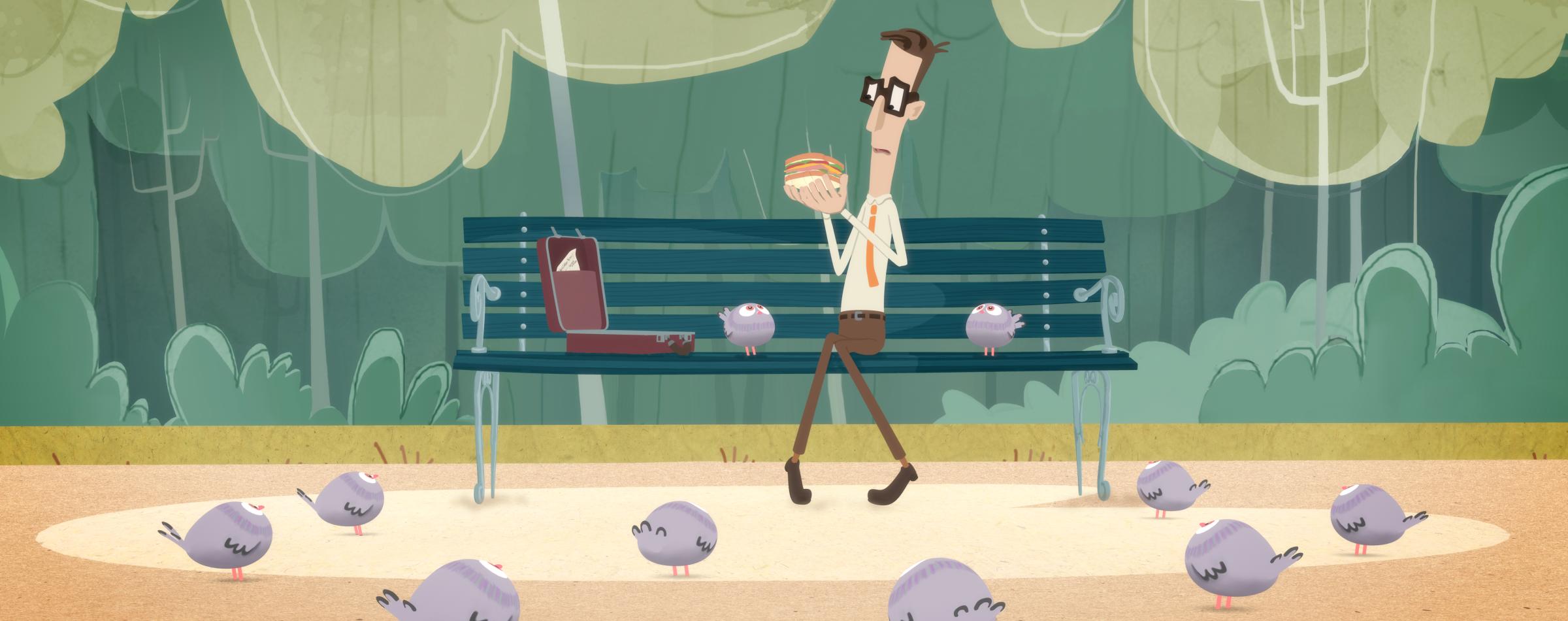 A still from the short animated film Bird Food showing a man sitting on a bench about to eat his sandwich surrounded by pigeons