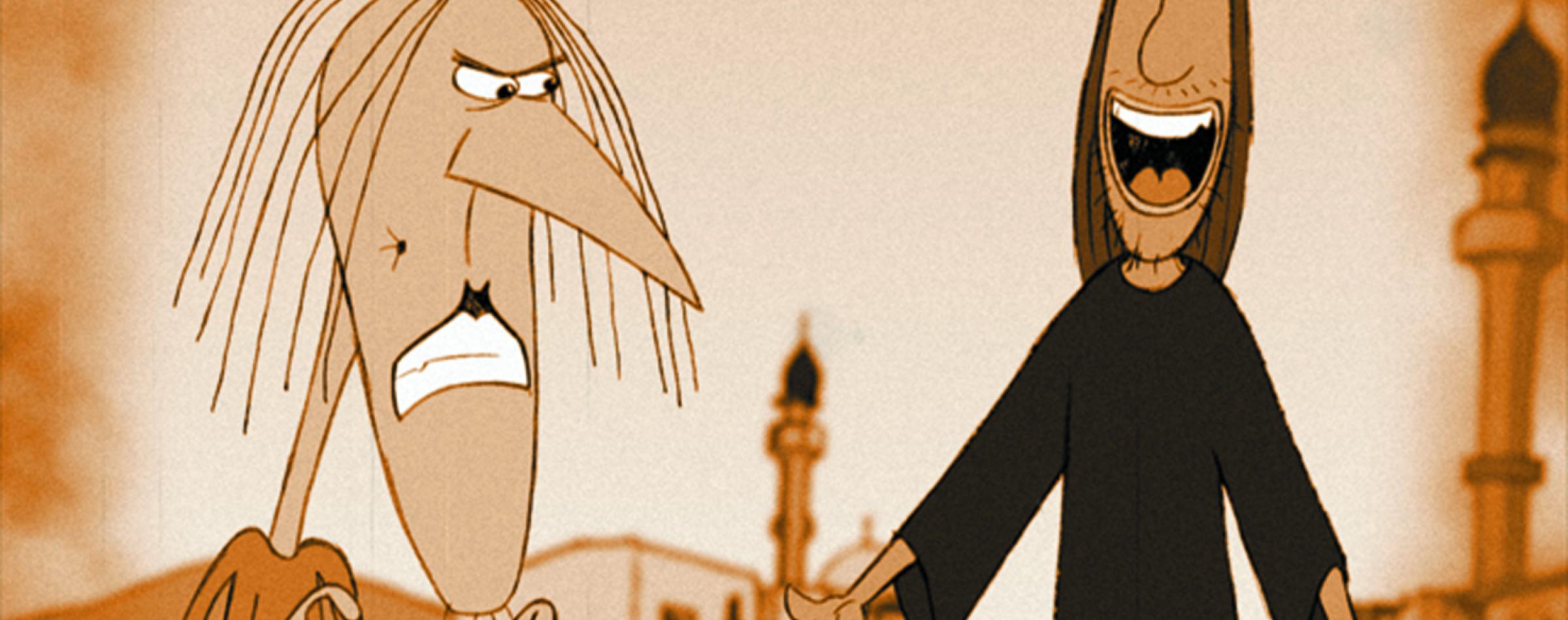 Two animated characters, one with long hair and the other in dark clothing, standing outdoors with a tower in the background.