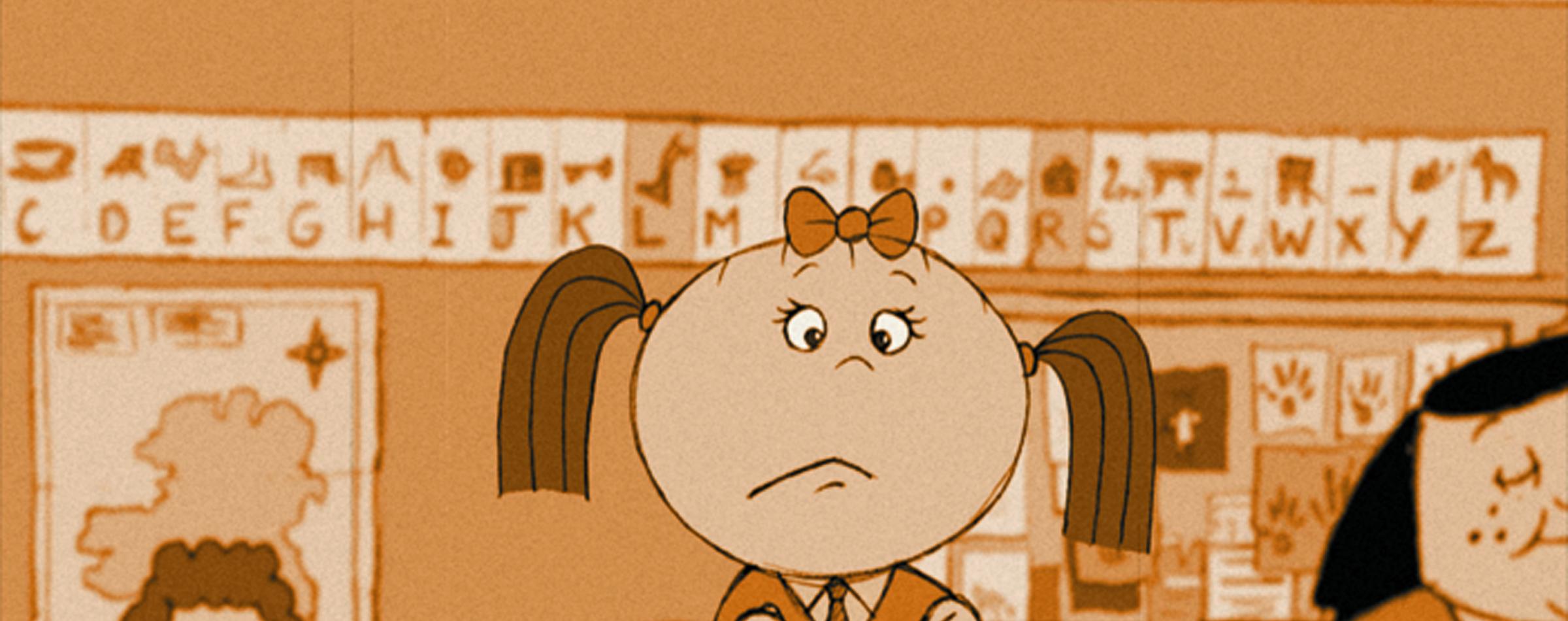 A classroom scene with a young student sitting at a desk looking up at a microphone hanging from the ceiling. Other students are visible in the background.