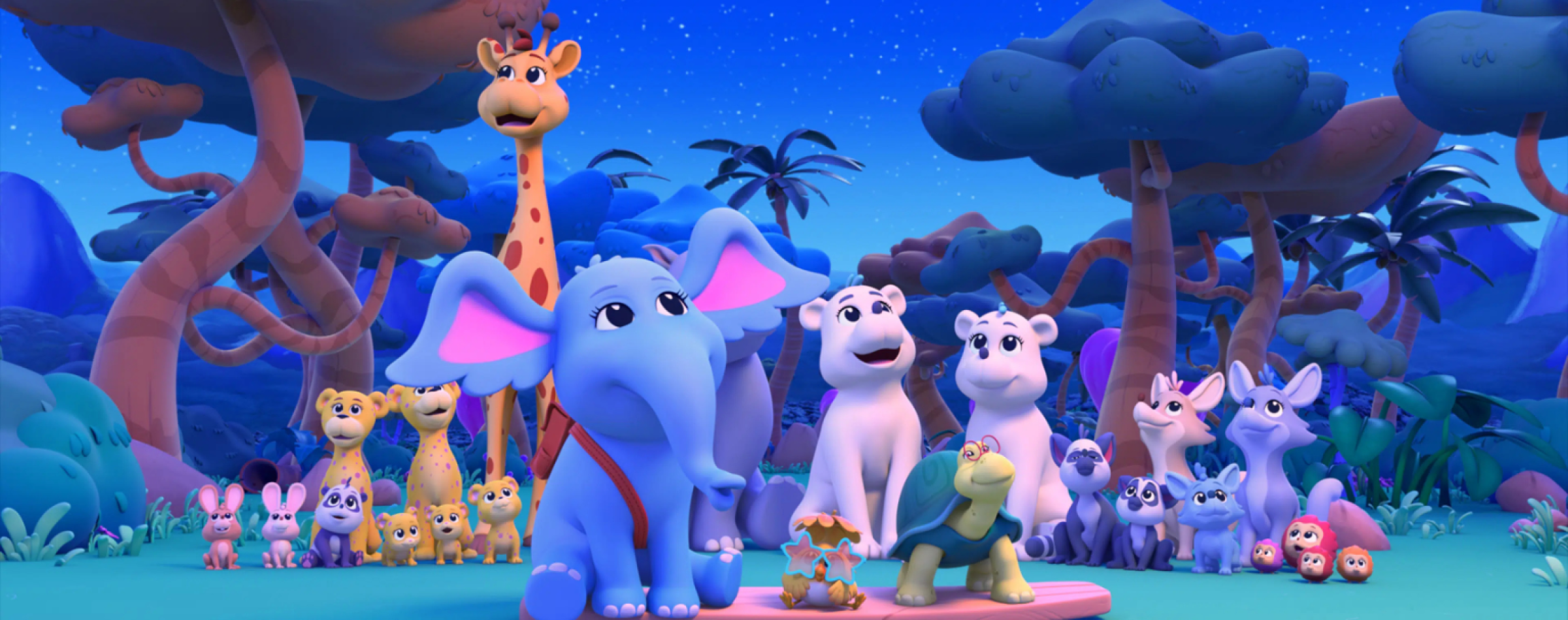 Horton sitting with various animals in a forest under a starry sky.