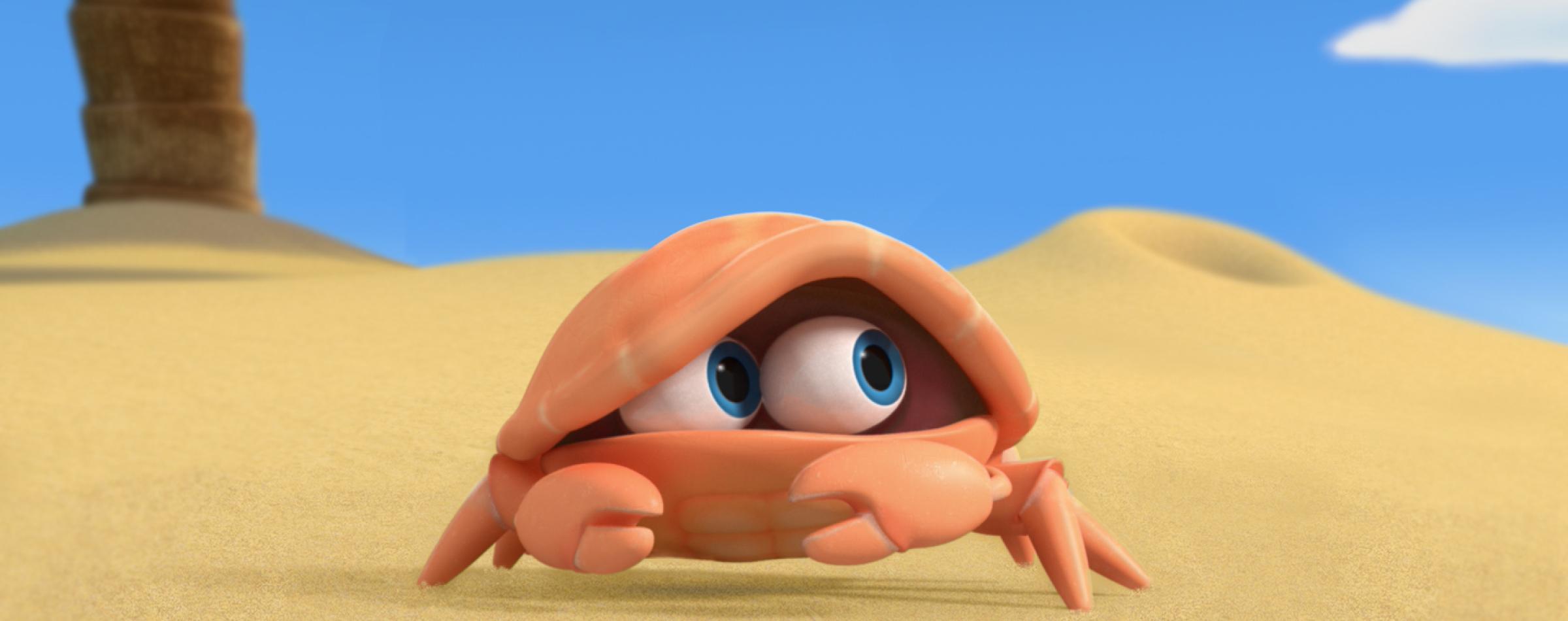 A cartoon crab with large blue eyes peeking from under its shell on a sunny beach, with a blue sky, white cloud, and palm tree trunk in the background.