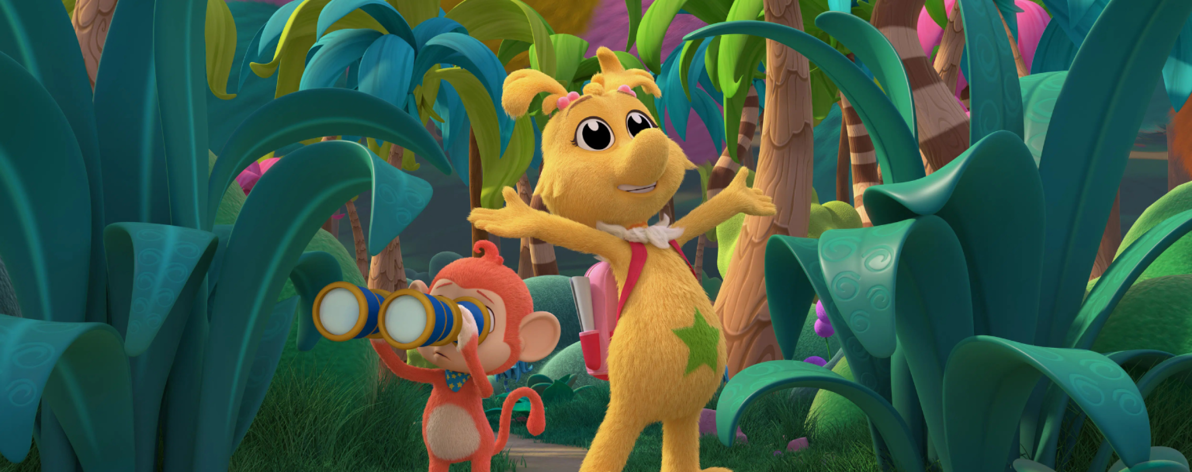A Sneetch standing in lush, colorful vegetation, looking off to the side. Next to a monkey using binoculars.