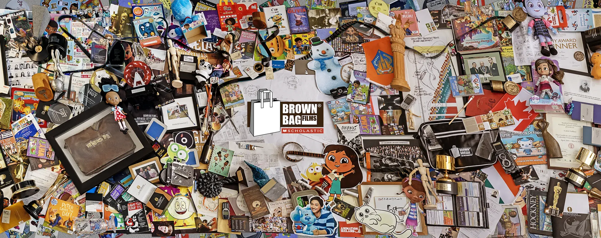 Brown Bag Films 30th Anniversary flat lay photo of various memorabilia
