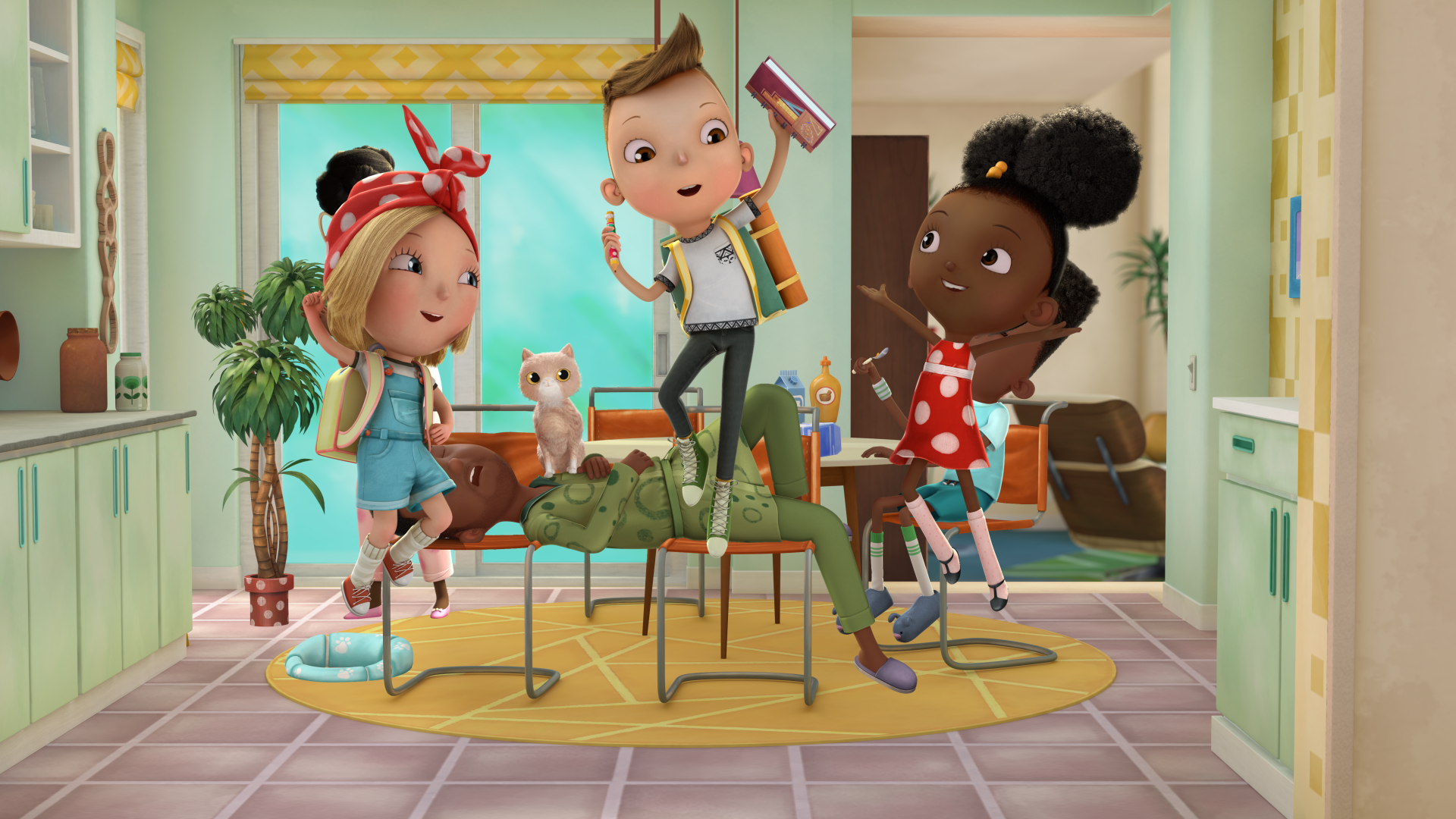 Rosie, Iggy and Ada jumping in the air. Ada's dad is sleeping with Mooshu the cat sitting on his chest. Ada's brother is sitting at the kitchen table behind them.