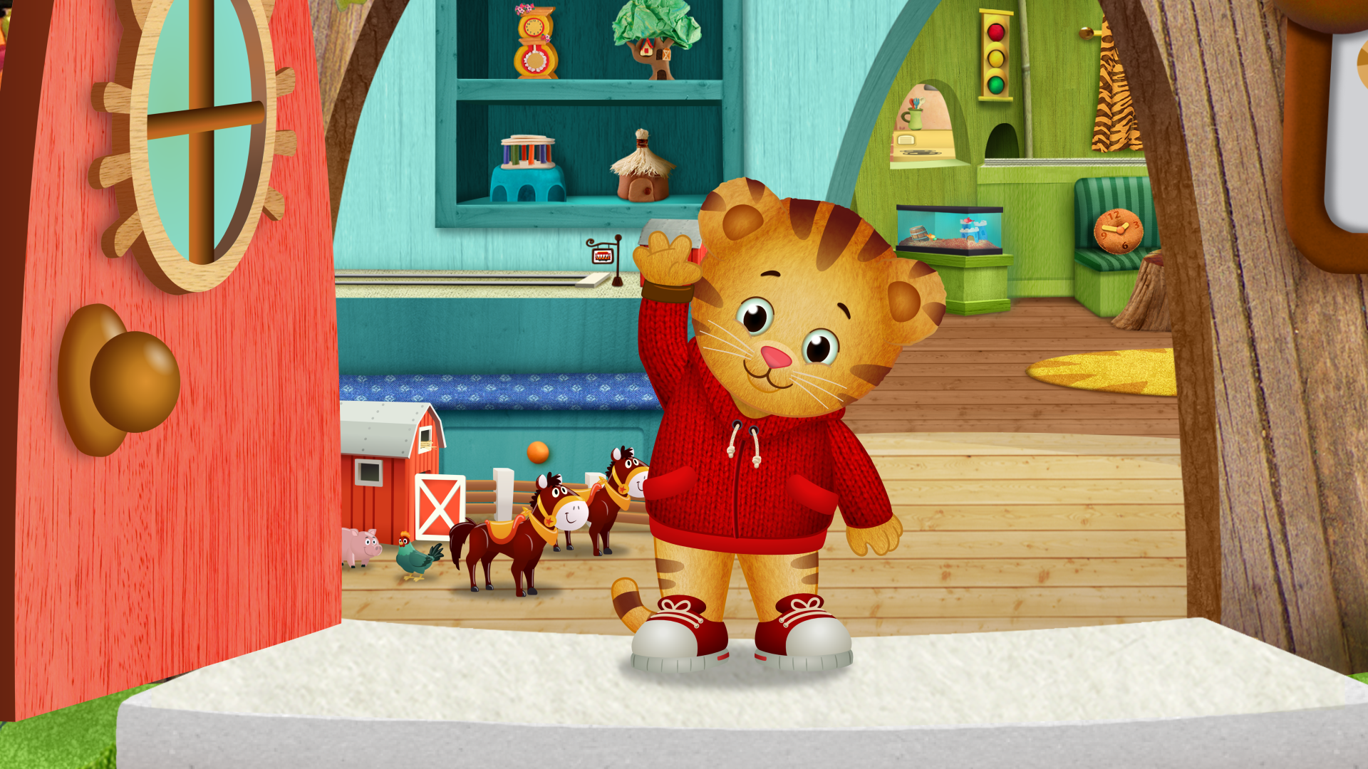 Daniel Tiger's Neighborhood: Daniel waves outside his house.