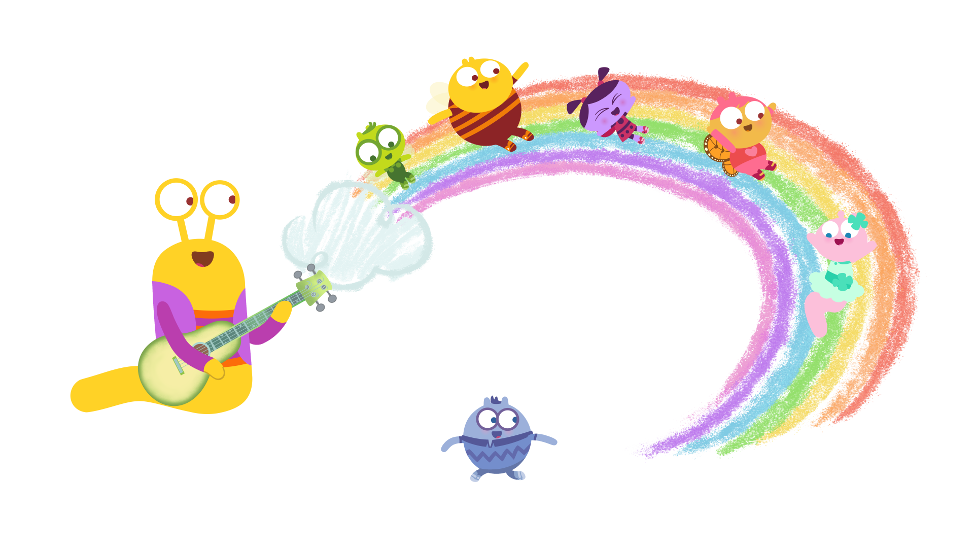 Lu & The Bally Bunch: Characters slide down a rainbow slide.