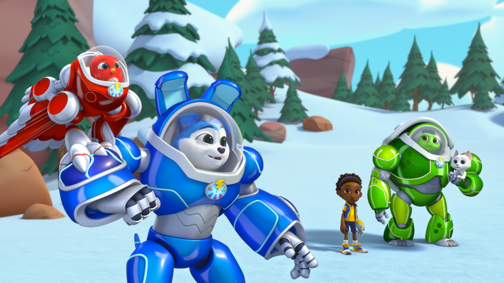Booster, Wingo, Dax and Shelly in a snowy landscape