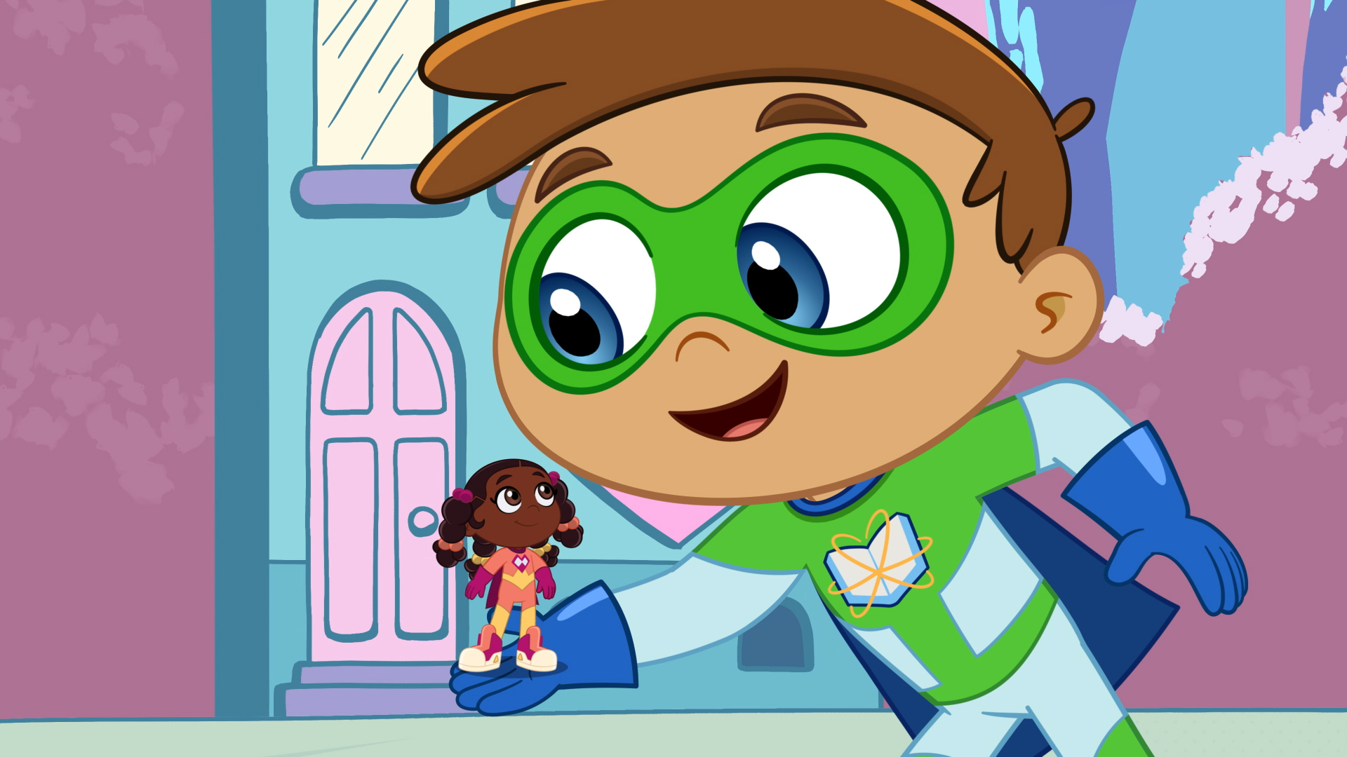 Super Why's Comic Book Adventures: Two characters walk together on a city street, one much larger.