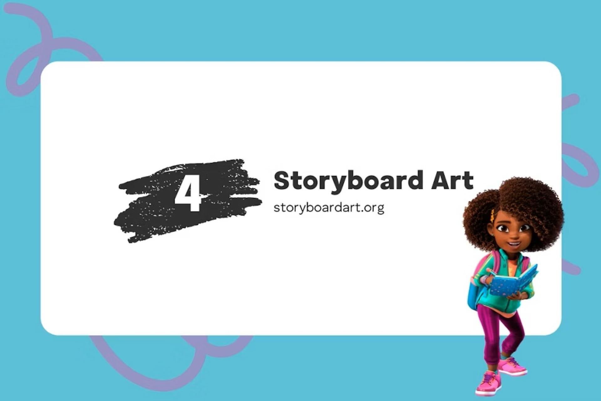 Graphic with text “Storyboard Art storyboardart.org” on a white panel, light blue background with purple accents, and a cartoon character holding a notebook.