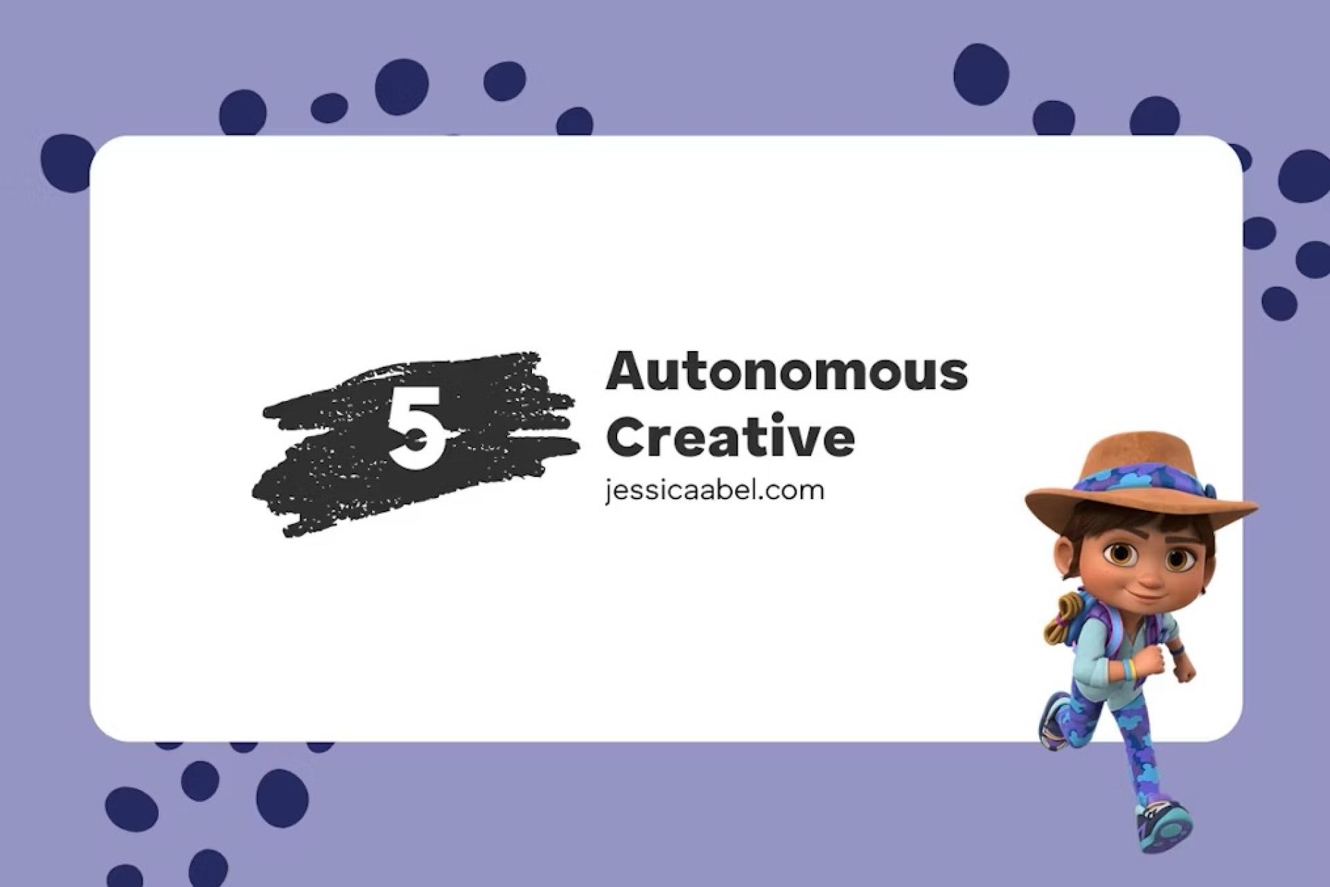 Graphic with text “Autonomous Creative jessicaabel.com” on a white panel, purple background with dark blue dots, and a cartoon character wearing a hat and backpack.