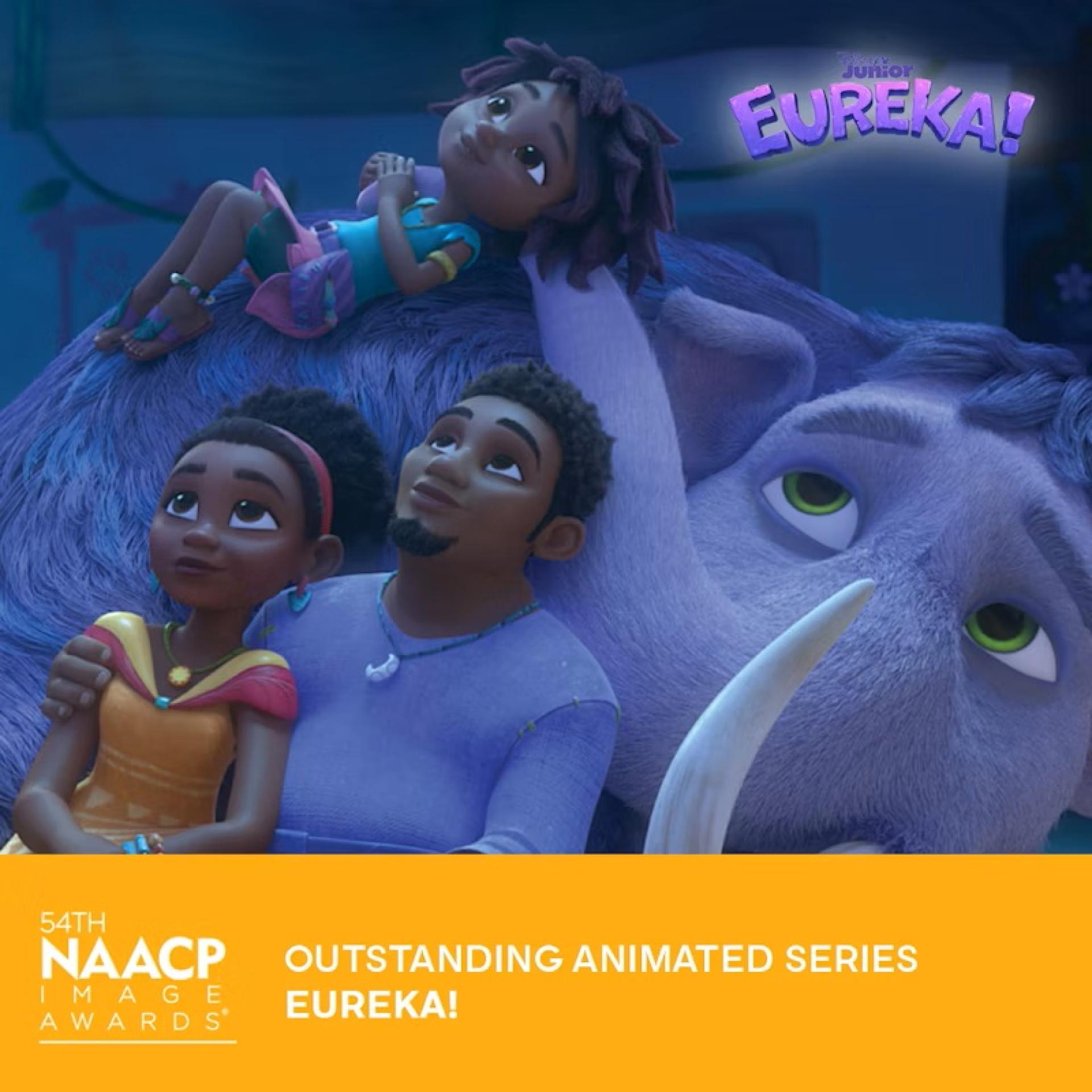 Promotional image for Eureka! showing animated characters relaxing on a furry mammoth, with NAACP Image Awards banner for Outstanding Animated Series.