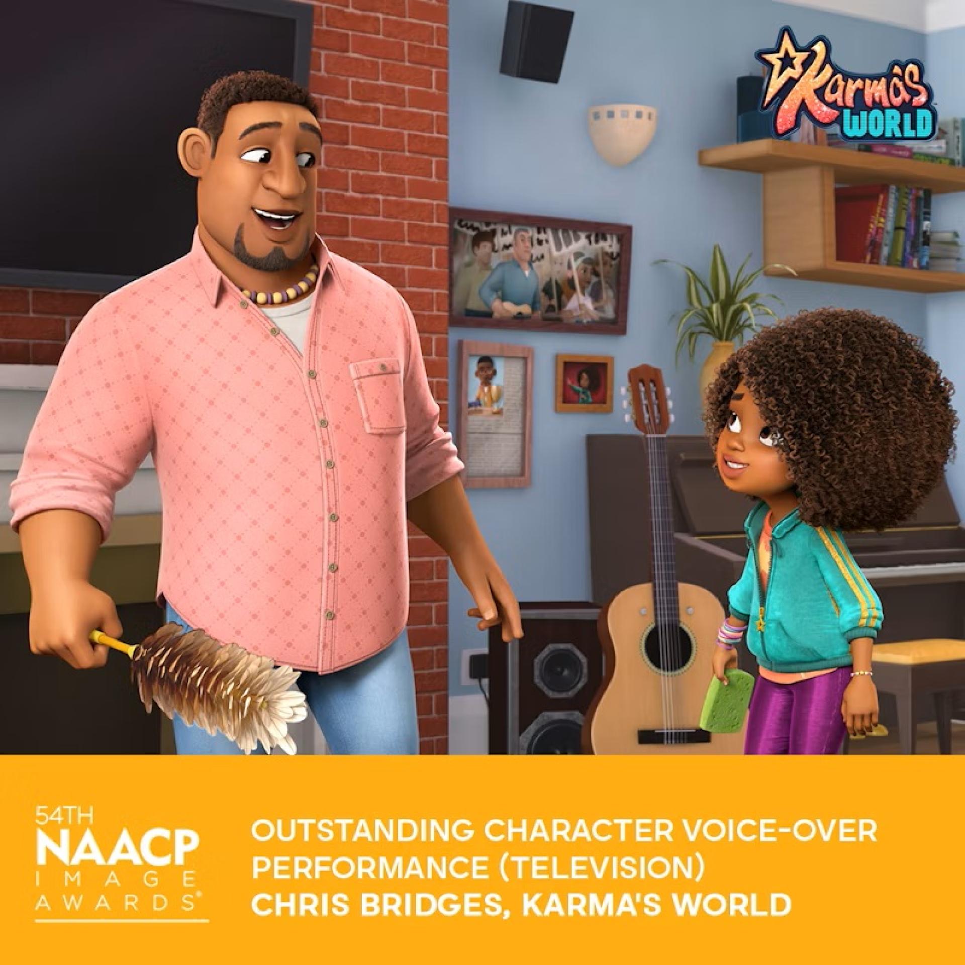 Animated scene from Karma’s World featuring two characters in a music-themed room, with NAACP Image Awards banner for Outstanding Character Voice-Over Performance.