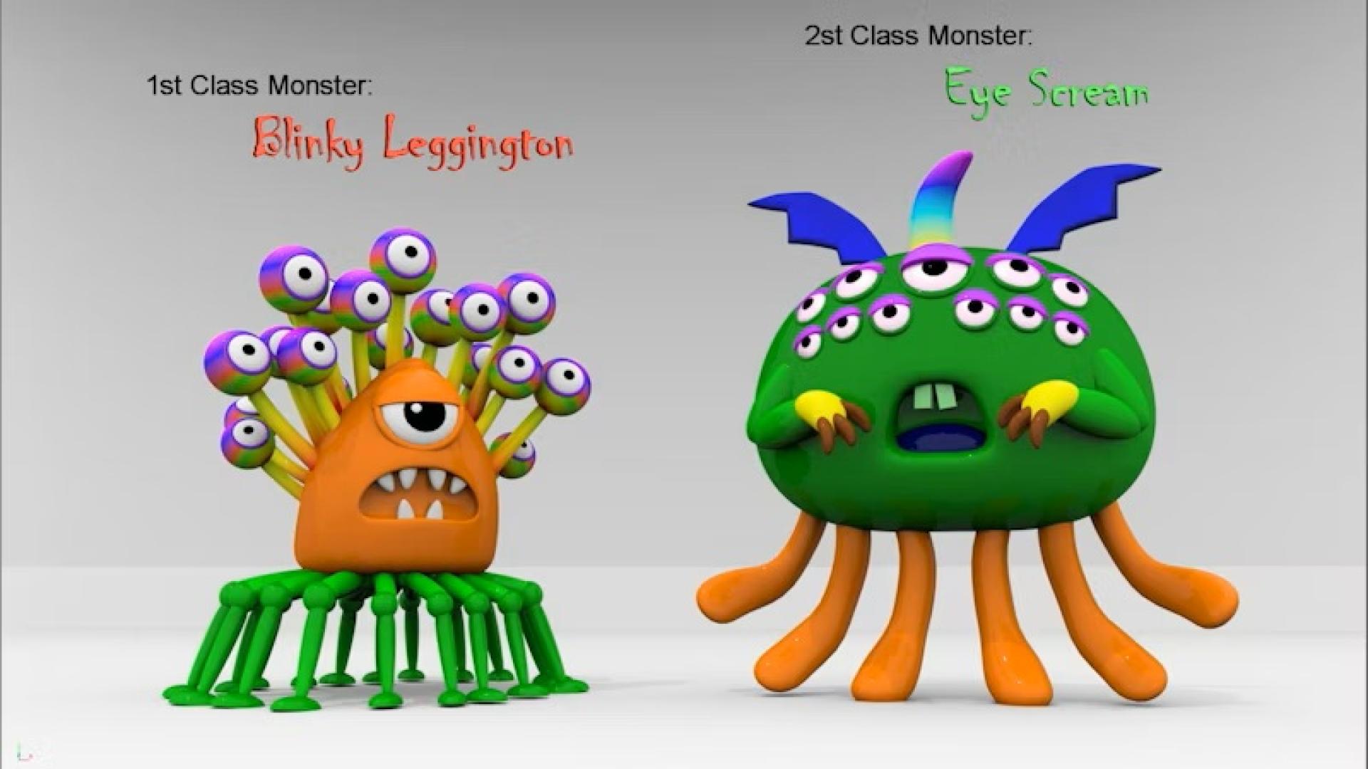 Two 3D cartoon monsters labeled “Blinky Leggington” and “Eye Scream” on a white background.