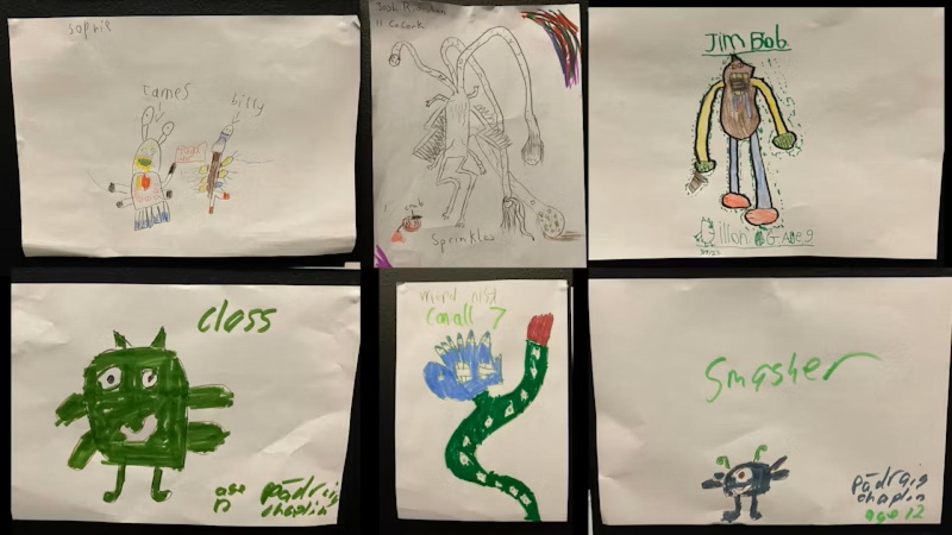 Six hand-drawn monster illustrations by kids displayed on white paper sheets.