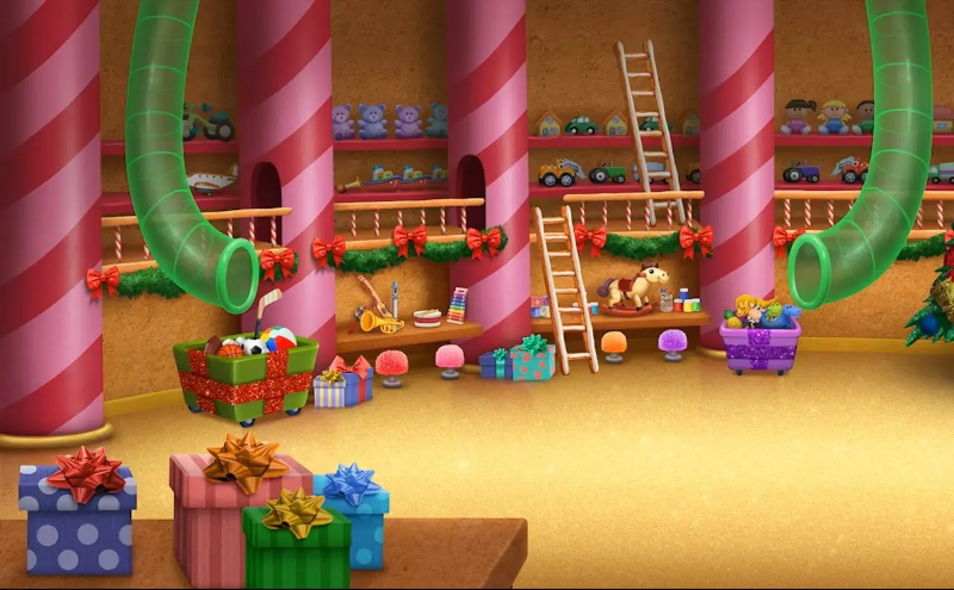 Santa’s workshop interior with candy cane pillars, gift boxes, toys, and green delivery tubes.