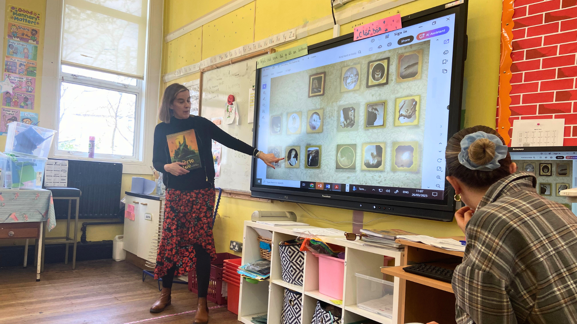 A children's book author giving a presentation in a school classroom