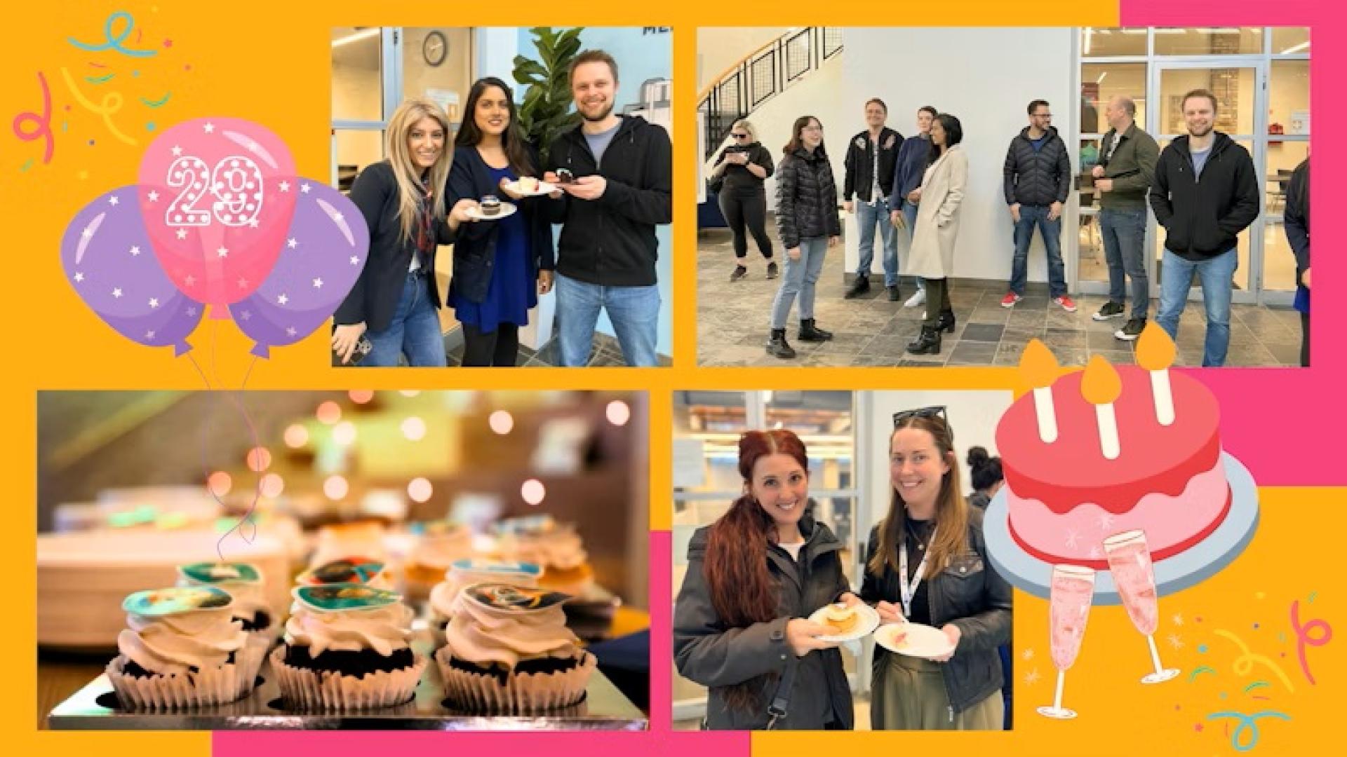 Collage of Brown Bag Films 29th anniversary celebration featuring balloons, cupcakes, and team members enjoying food.