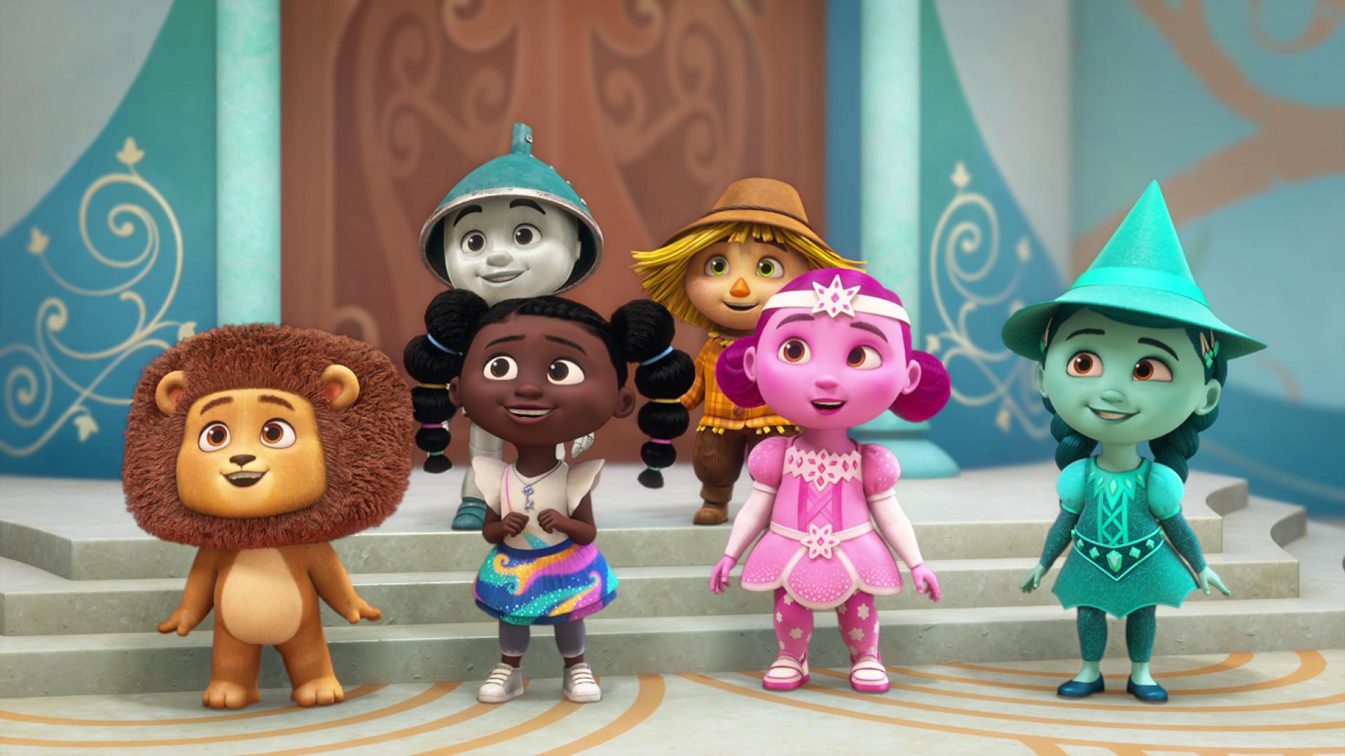 The characters from Dee & Friends in Oz standing near some steps to a large door