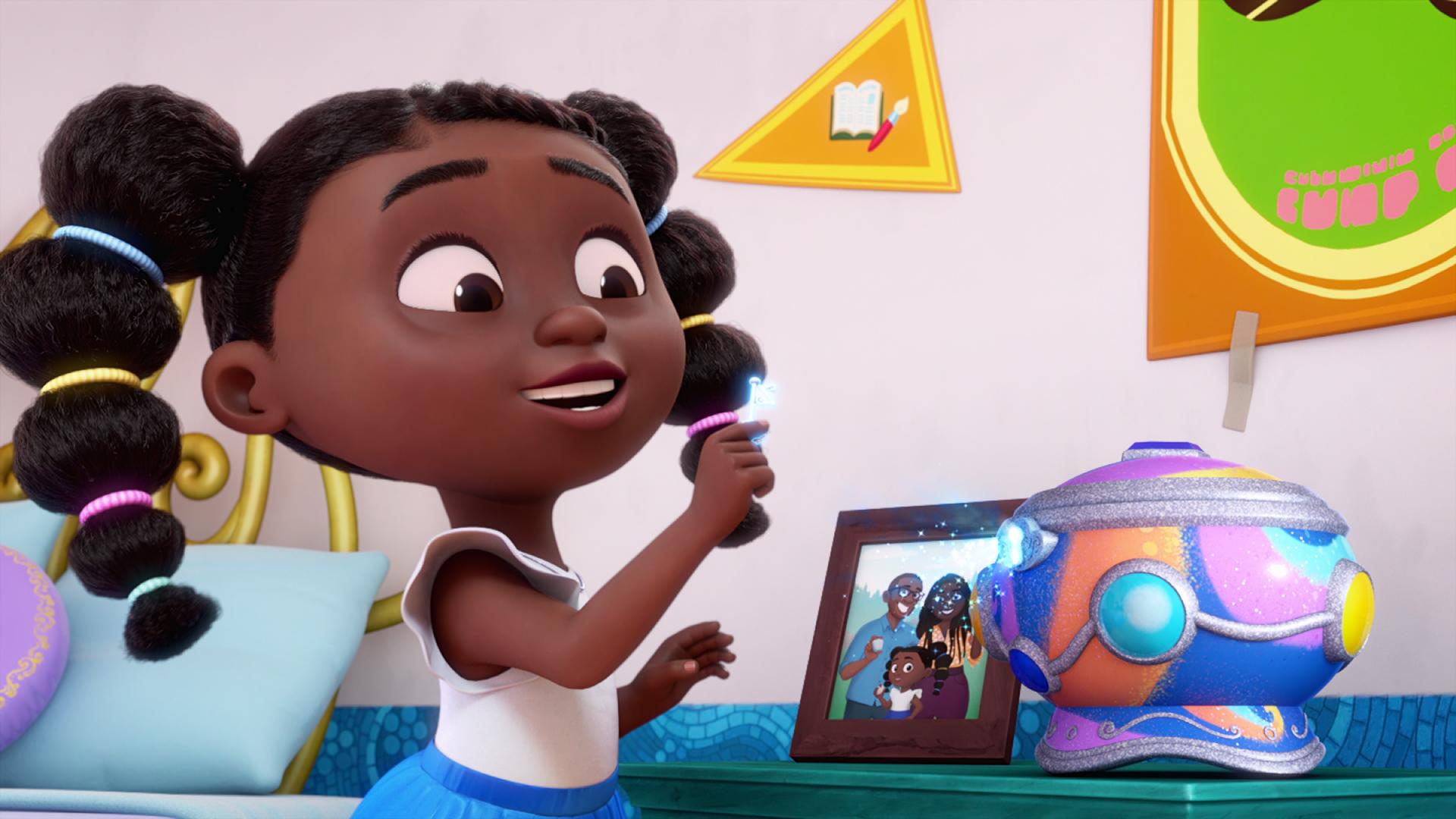 A girl standing beside a framed photo