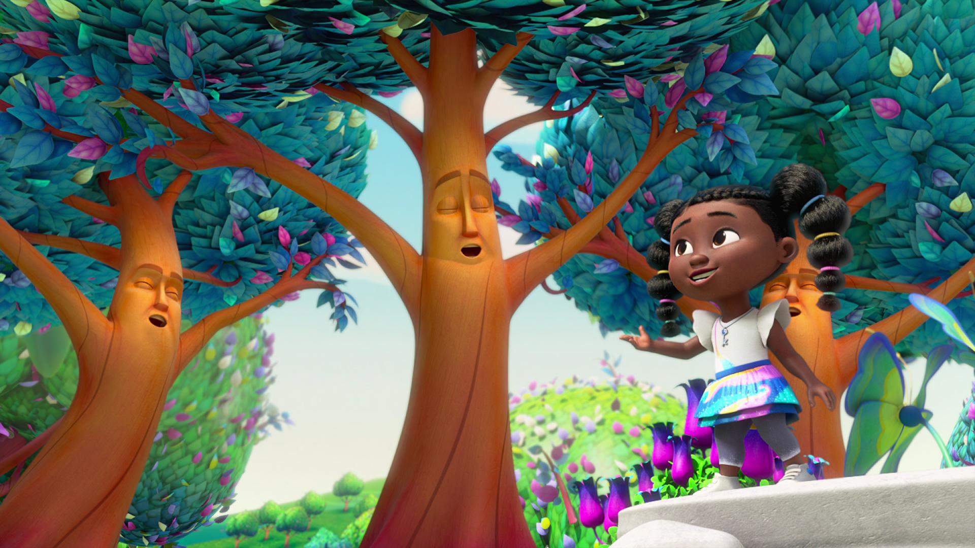 Cartoon trees with faces and a little girl standing up talking to them