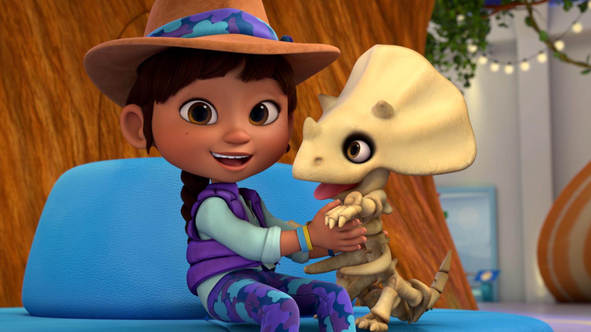 Ridley Jones with a baby triceratops skeleton