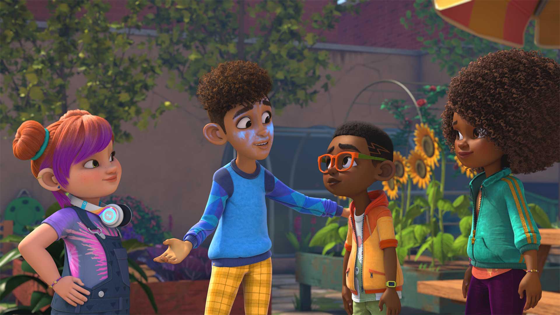 A group of characters from Karma's World series standing in a garden