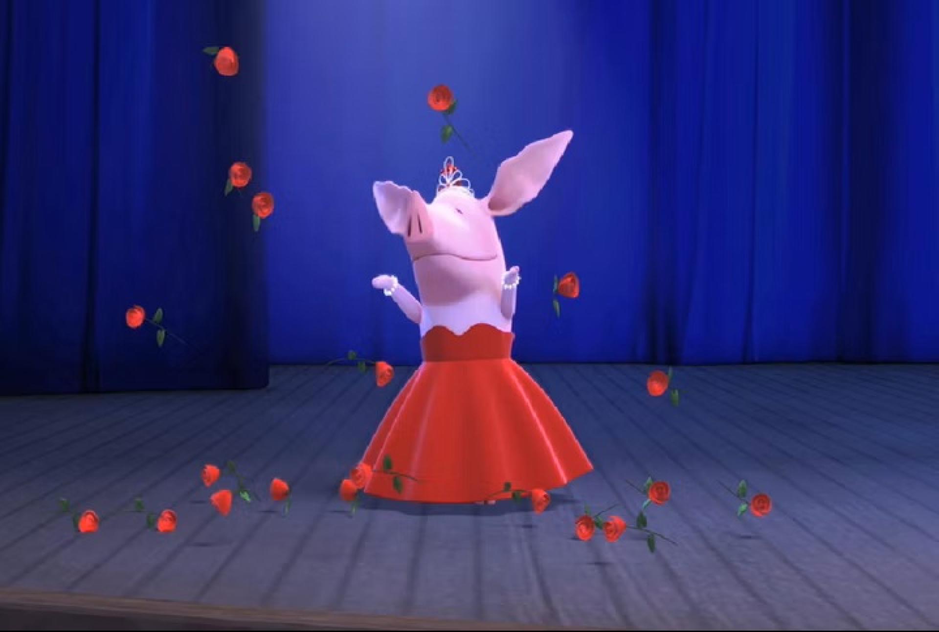 Animated Olivia the pig wearing a red dress and tiara on stage with roses falling around her.