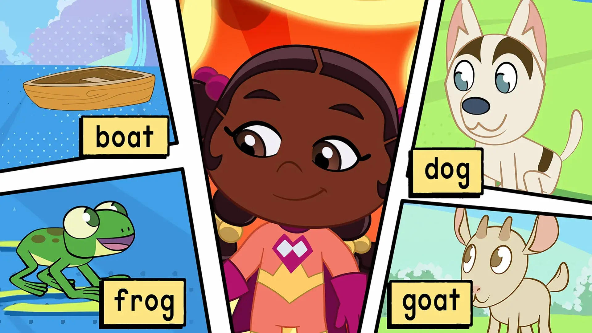A comic book panel style cartoon image featuring the words: boat, dog, frog, goat