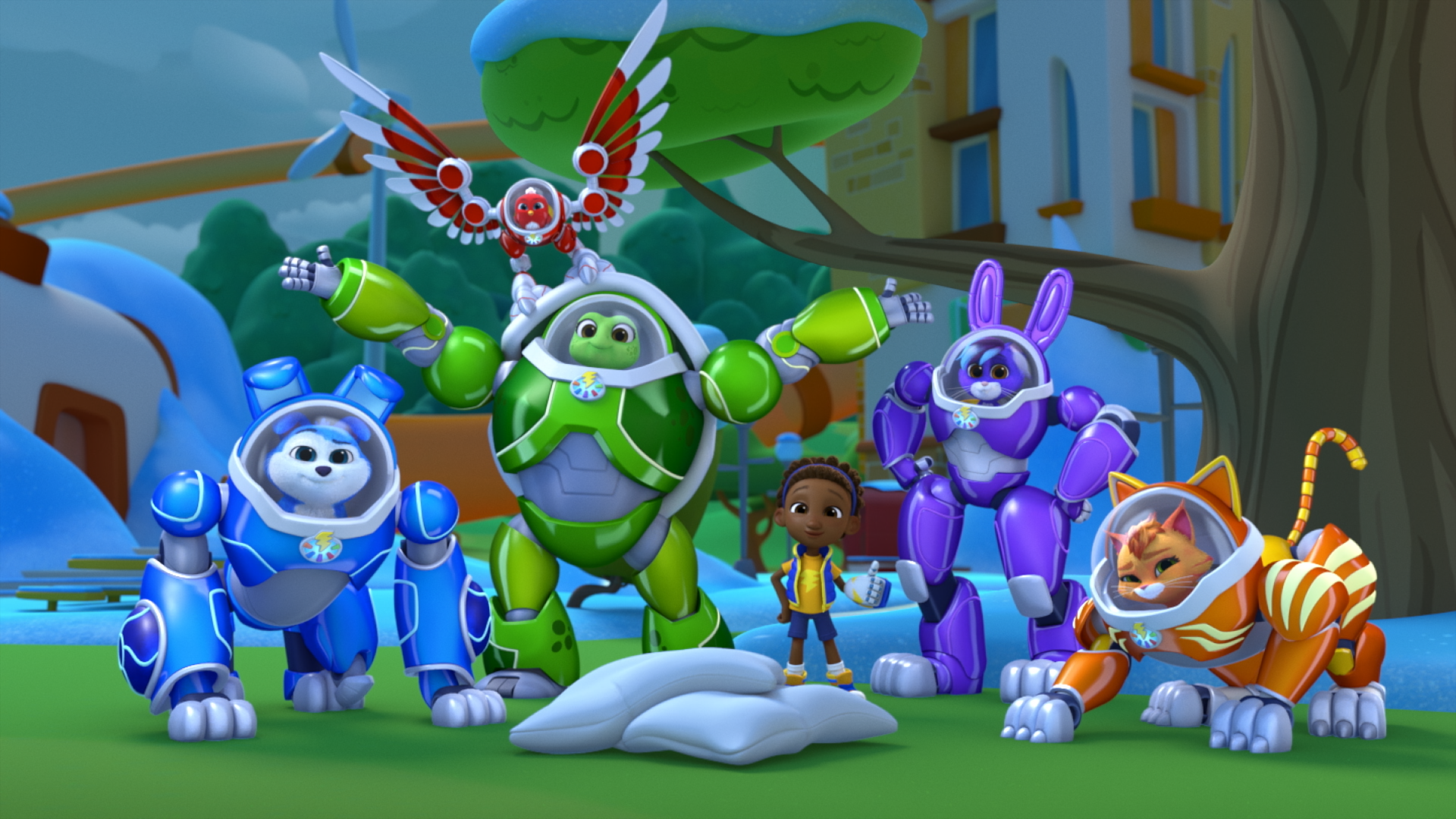Animated production still from RoboGobo showing the animal hero team in colorful robotic suits standing together outdoors. A blue dog, green turtle, purple rabbit, and orange-striped cat strike ready poses on a grassy lawn, while a small winged character hovers above them near a tree-lined neighborhood.