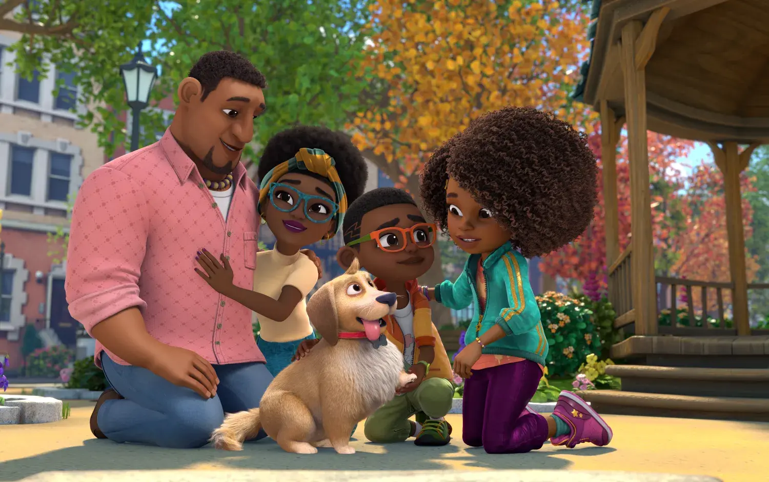 Karma and her family in a group pose. Her dad, Conrad Grant is next to her mom, Lillie Carter-Grant. Her dog, Major, and her brother, Keys, are next to Karma.