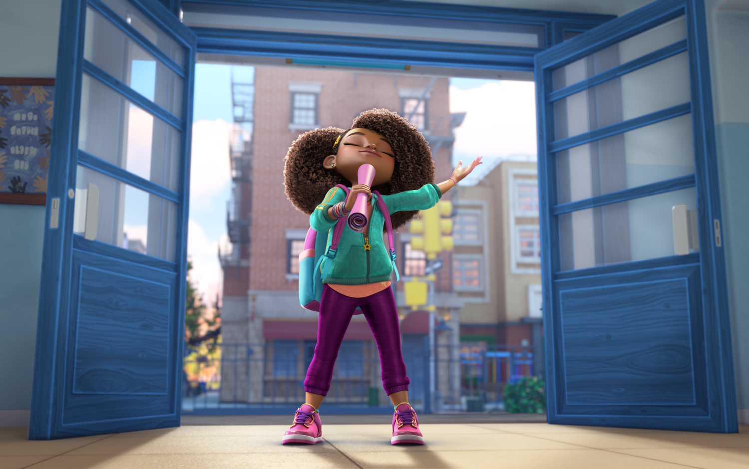 Karma standing in her school doorway