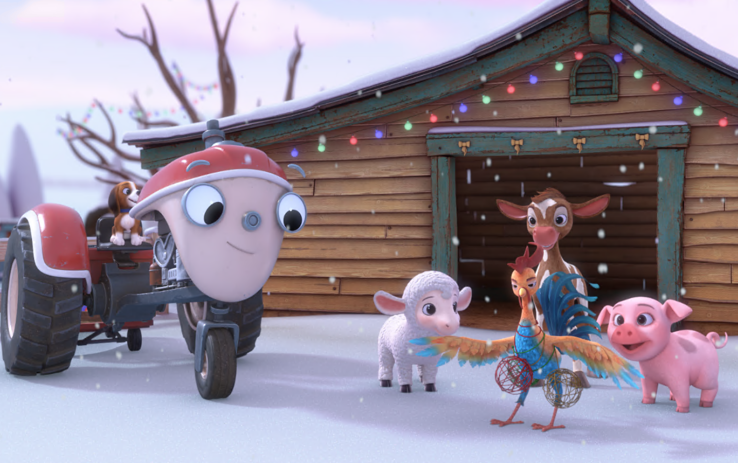 Otis and his friends standing on the snow in a wintery scene on the farm