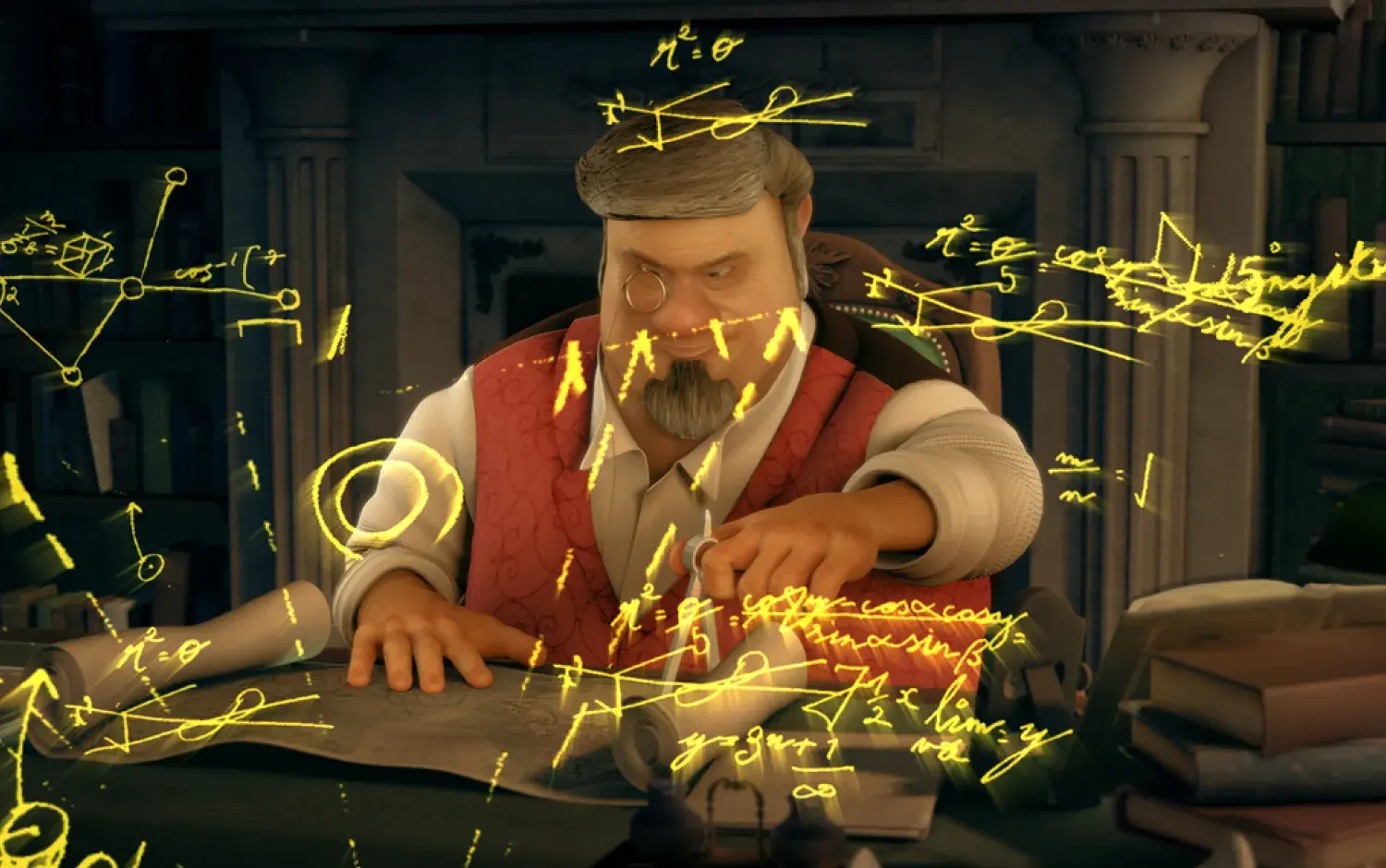 A still from the animated short film 23 Degrees 5 Minutes showing Professor Orit making some mathematical calculations