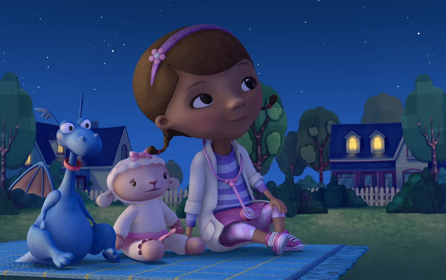 Doc McStuffins on a picnic blanket with Stuffy and Lambie in the evening outside her home