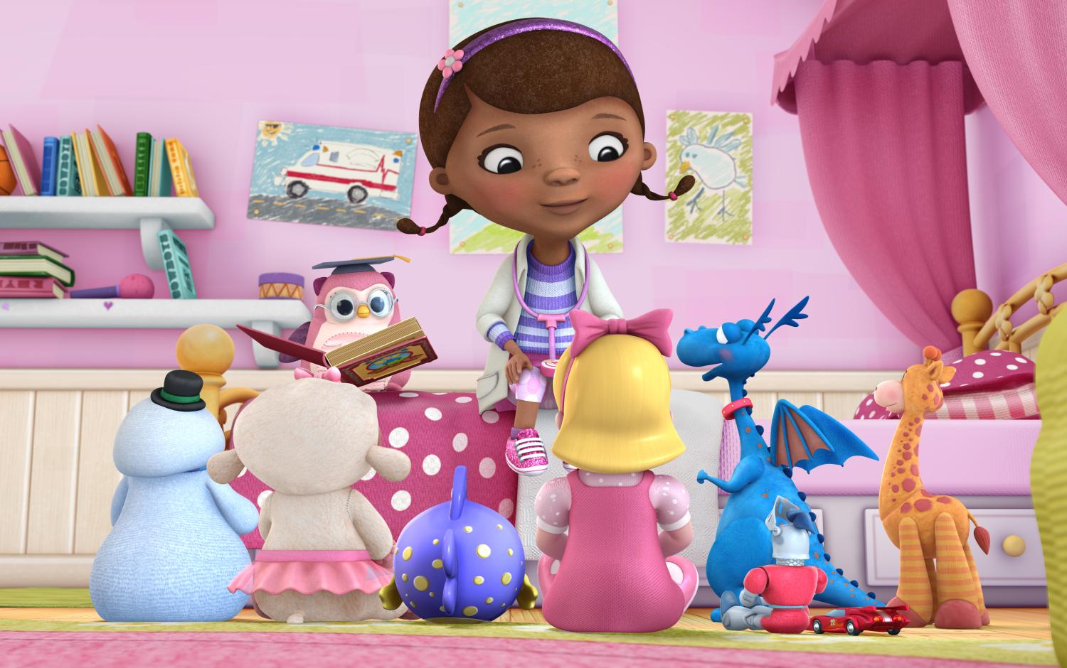 Doc McStuffins with her toy friends sitting around her in her room