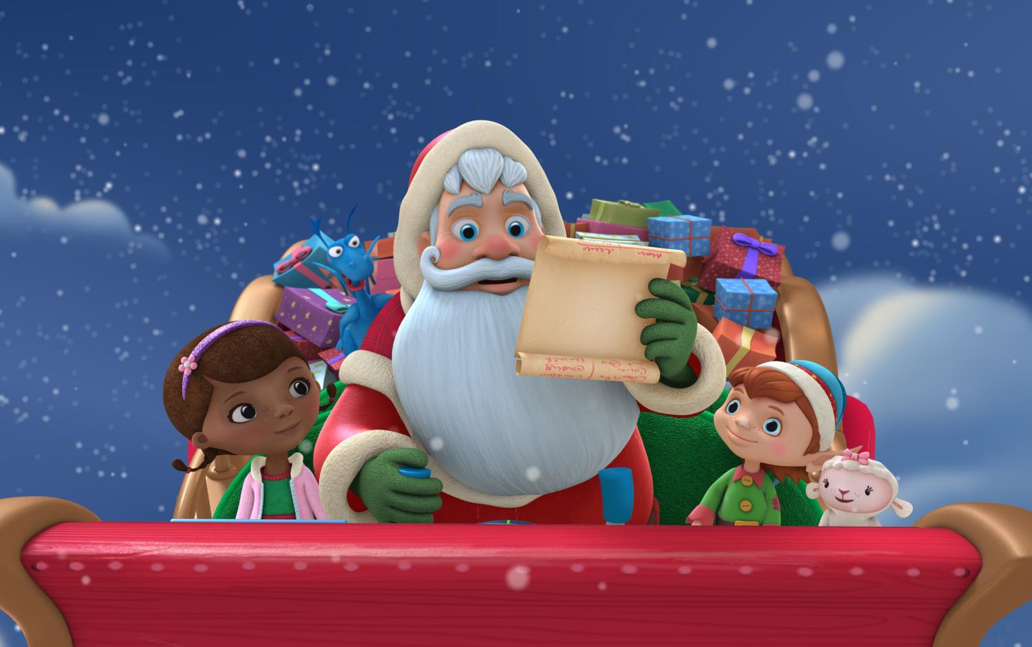 Doc McStuffins sitting next to Santa Claus in his sleigh as it flys through the night sky. Santa is holding an opened scroll in his hand.