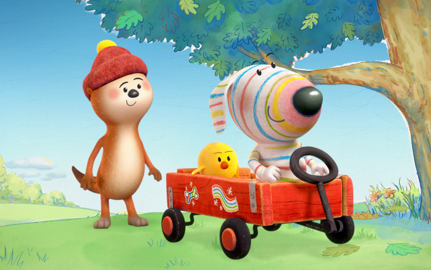 Dylan's Playtime Adventures: Two characters play outdoors, one pushing a red wagon with the other inside.