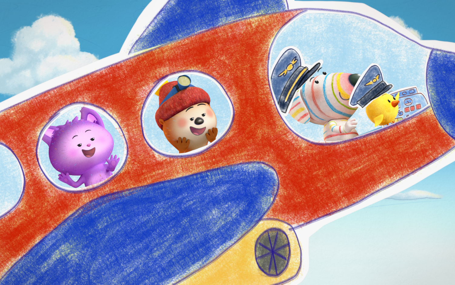 Dylan's Playtime Adventures: Characters fly through space in a rocket ship surrounded by stars and planets.