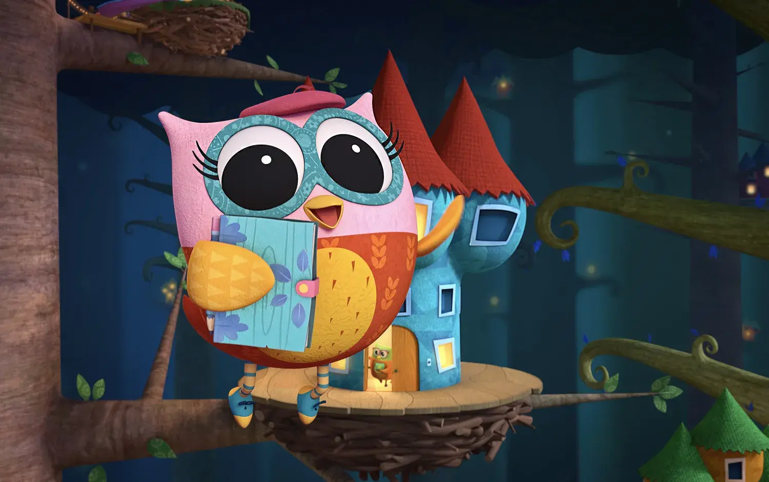 Eva the Owlet holding her journal while flying in front of Treetopington