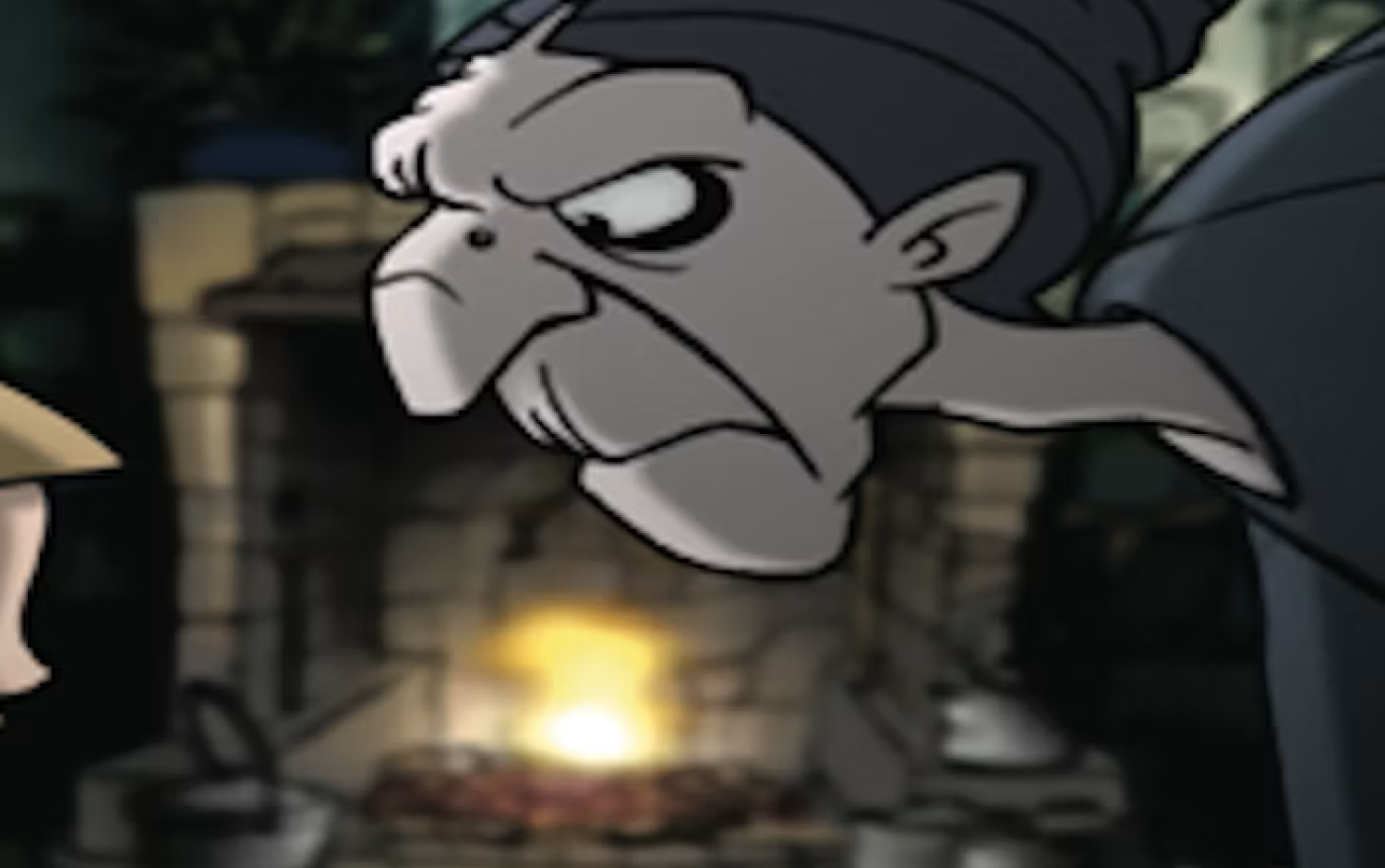 Cartoon-style elderly person leaning forward near a stone fireplace with kitchen utensils and a burning fire in the background.