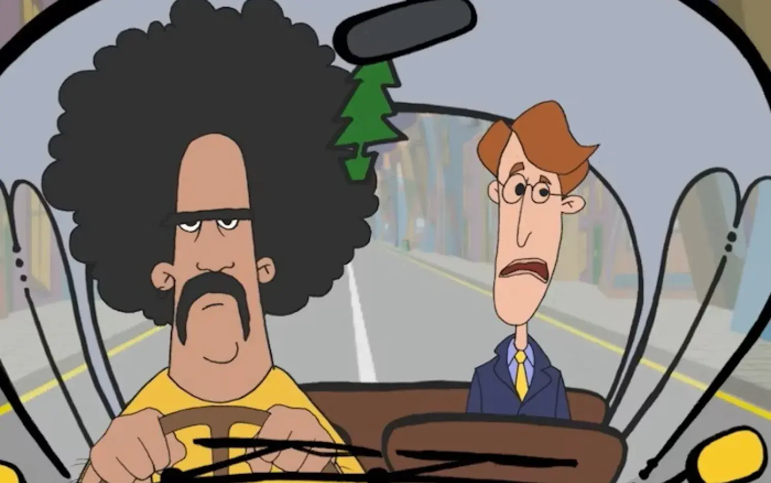 A still from animated show Taxi, showing a 2d animated scene of two characters in a taxi cab, one driving and one in the back seat, with a cityscape background.