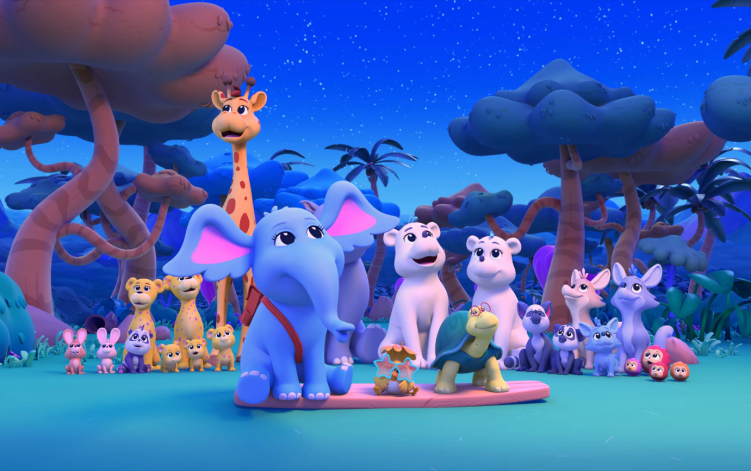Horton sitting with various animals in a forest under a starry sky.