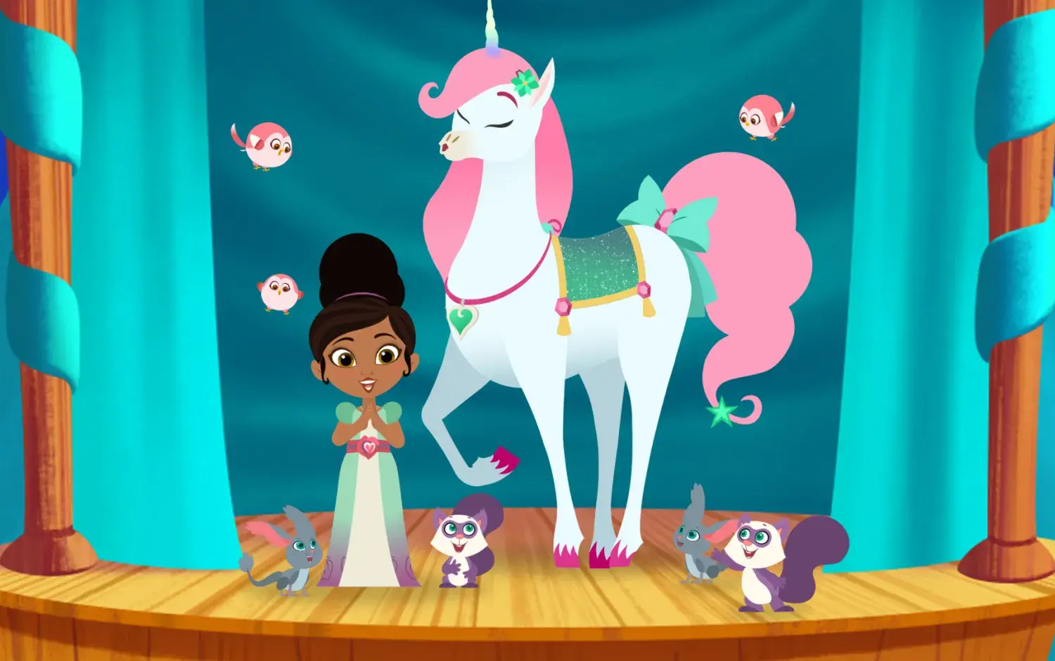 Nella the Princess Knight and her unicorn on a stage