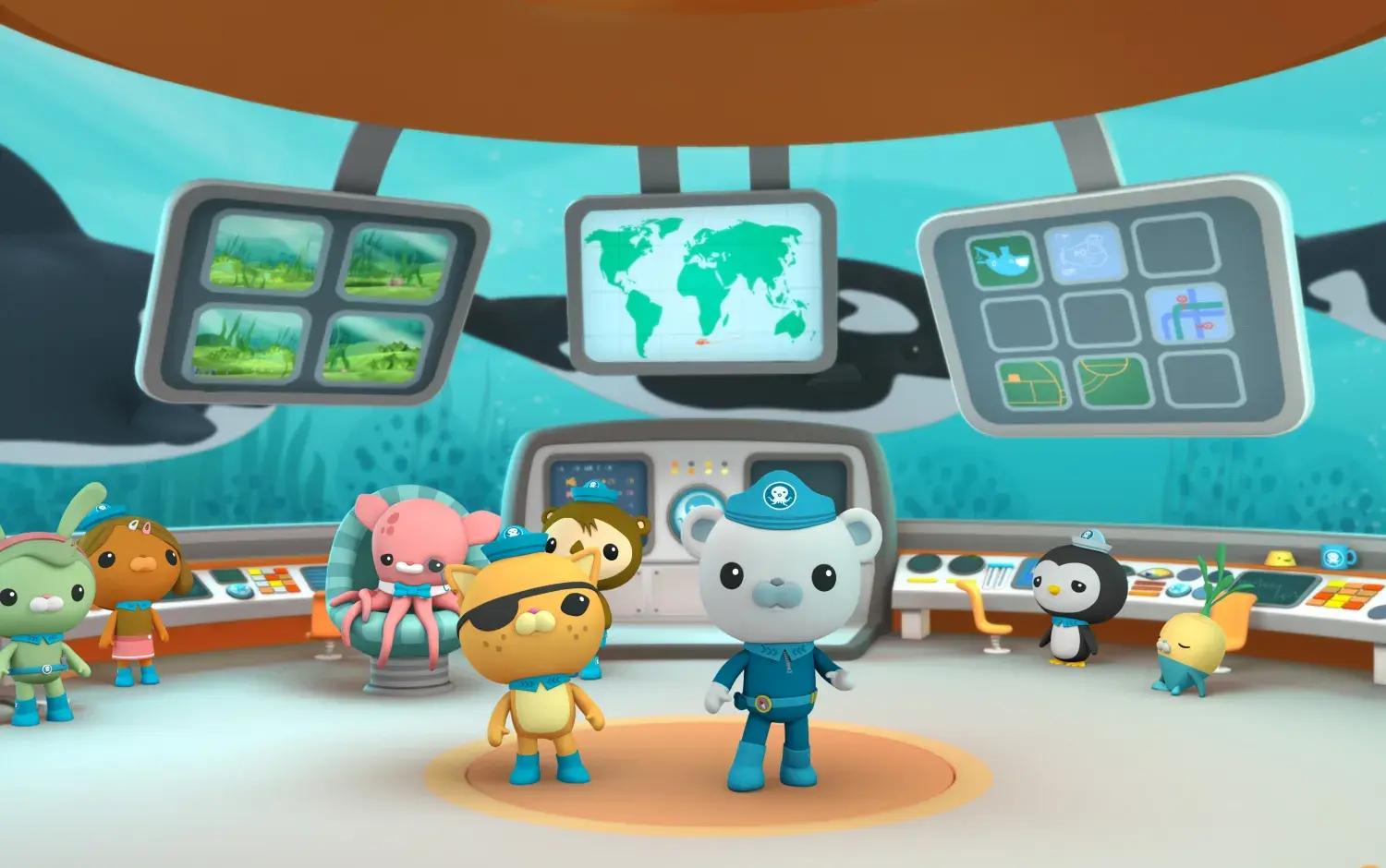 The Octonauts in the Octopod with the screens behind them and some killer whales swimming past