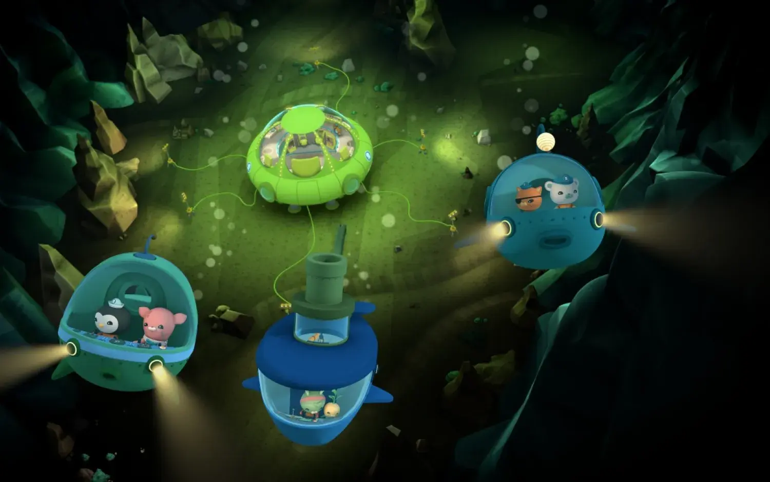 The Octonauts in their vehicles navigating through the Mariana Trench