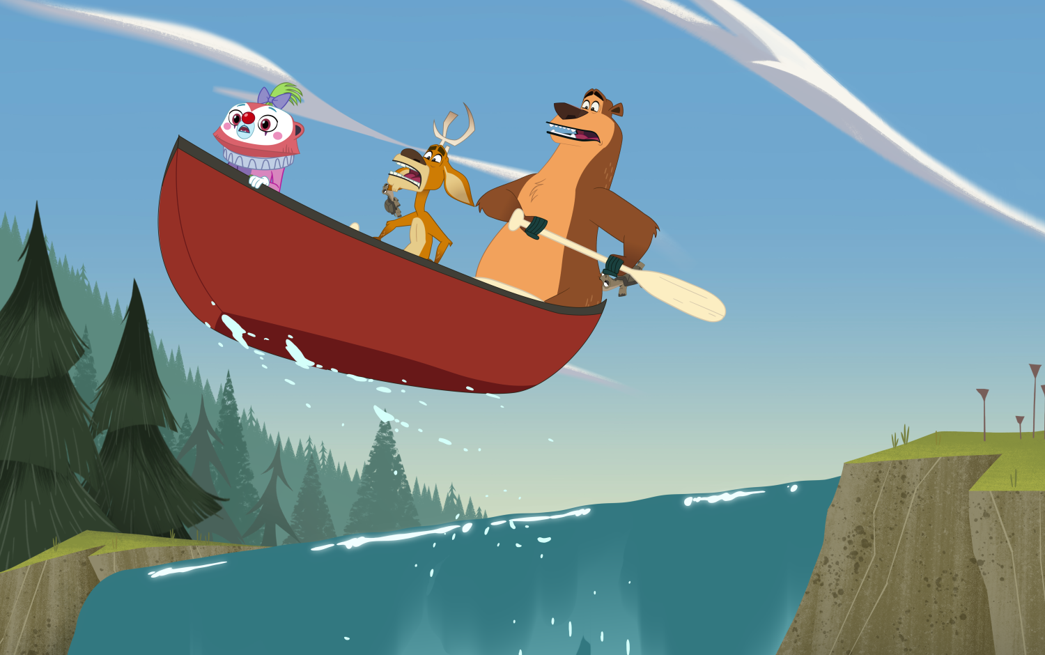 Open Season: Call of Nature: A bear and rabbit paddle a red canoe down a scenic river.