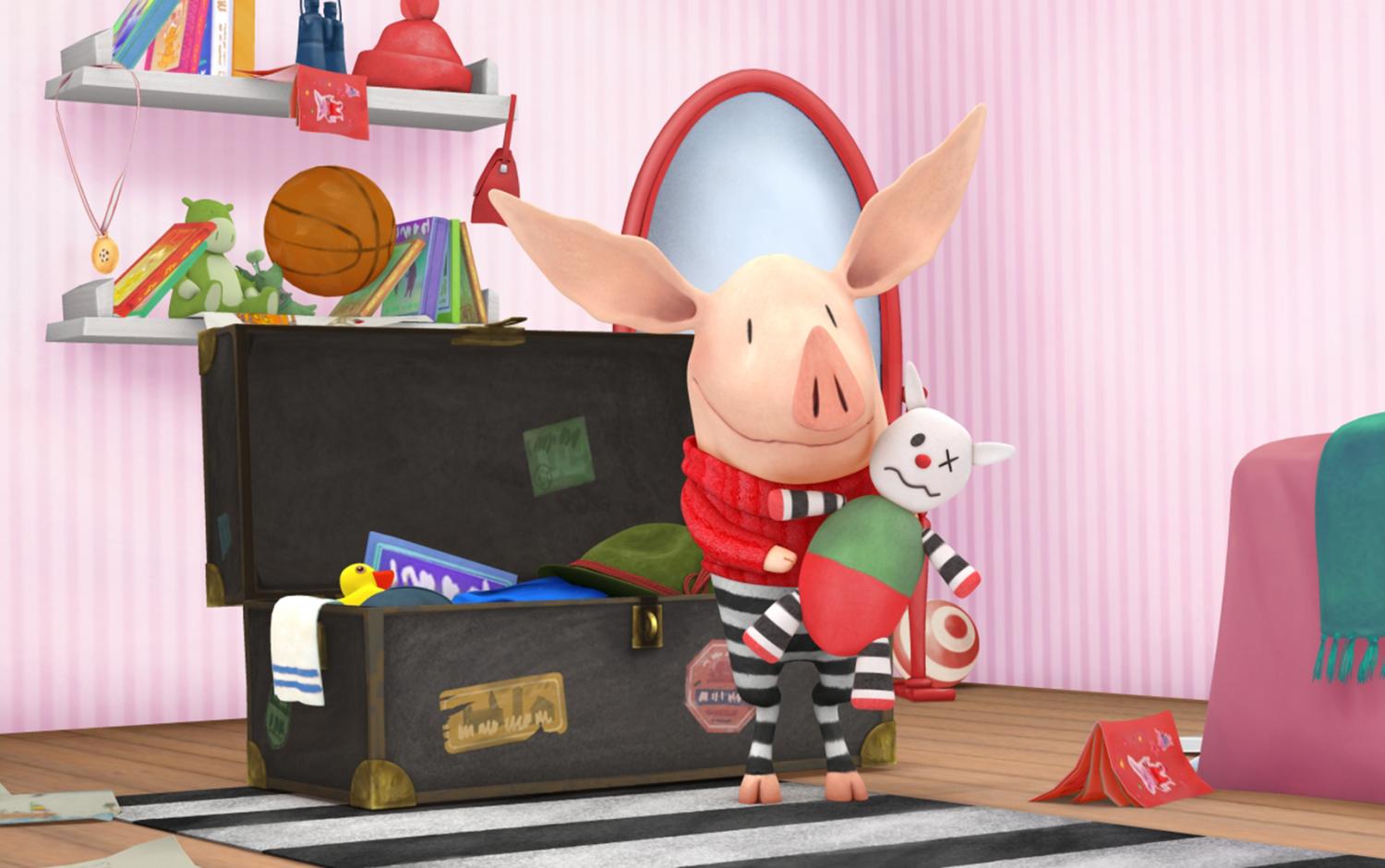 The character of Olivia the pig and her toy inside a room filled with objects, sitting together at a desk or table.