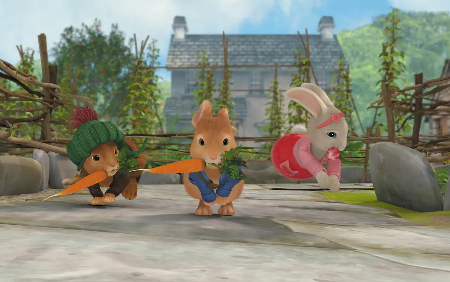 Peter, Lily and Benjamin hopping through the farmers garden with carrots in their mouths